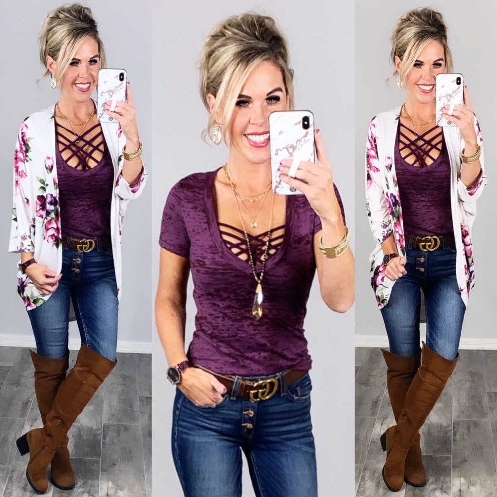 Basic Deep V Neck BurnOut Short Sleeve Tee - Plum